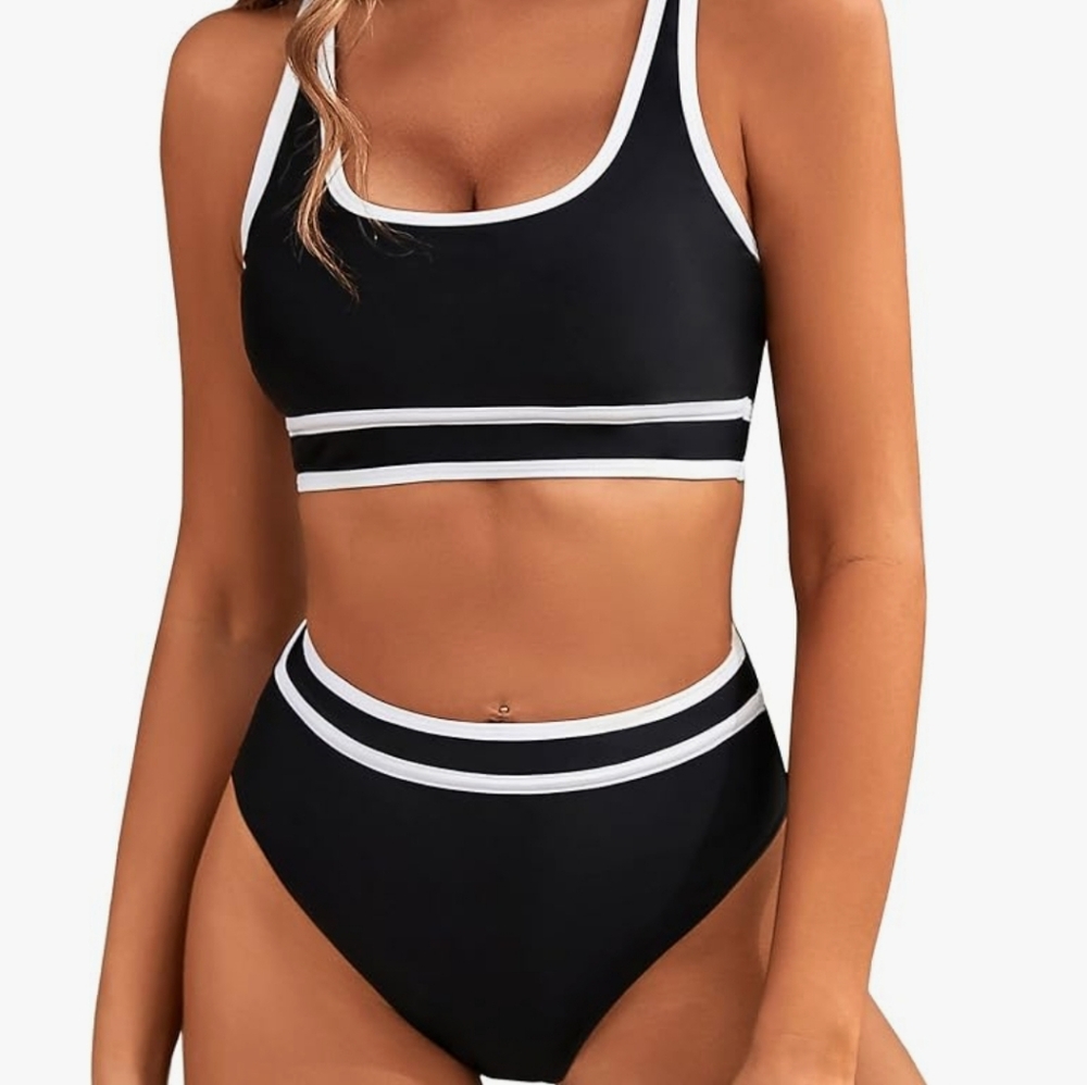 BMJL Women's High Waisted Bikini,Sporty Two Piece Swimsuits,Large,Black/white